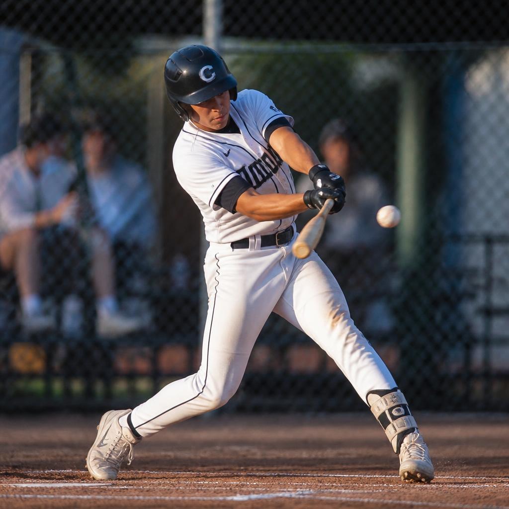 High school baseball player mid-swing