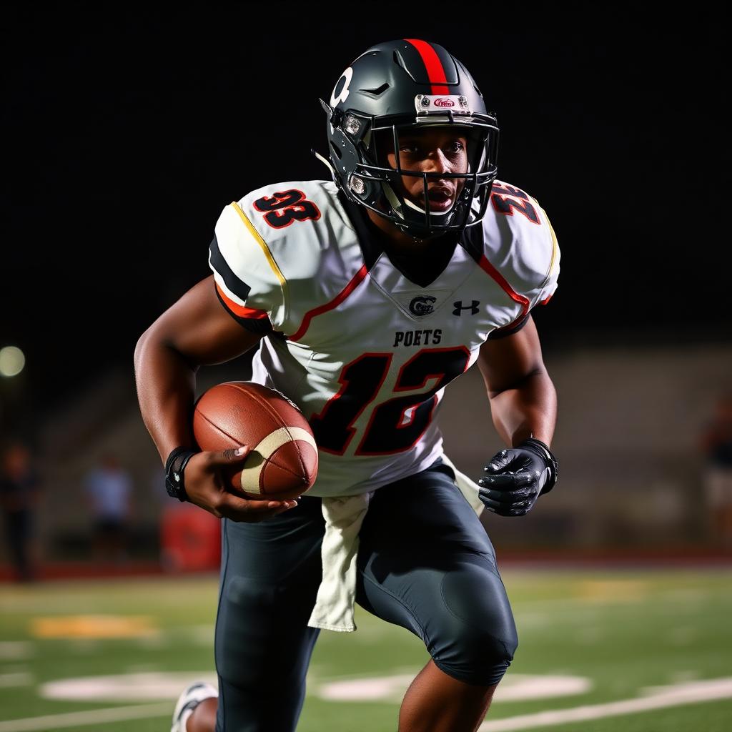 High school football player carrying the ball under stadium lights