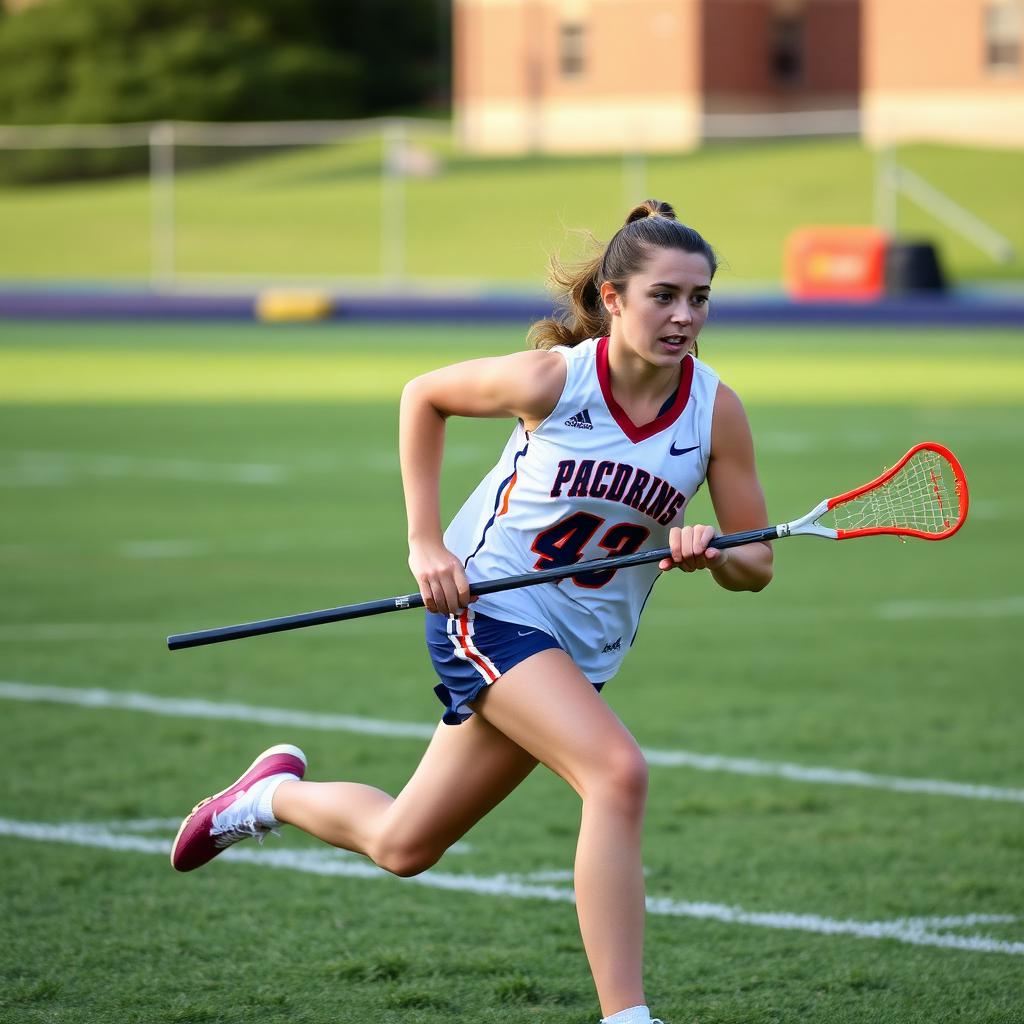 High school girls lacrosse player running with stick