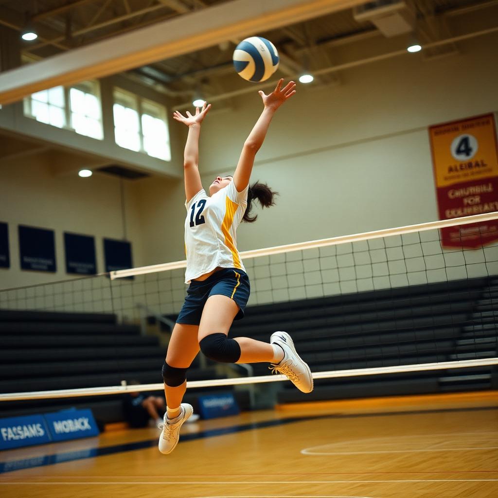 High school girls volleyball player spiking at the net